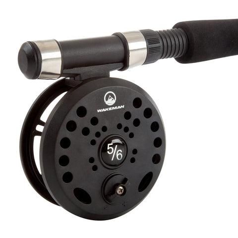 Close-up of reel from On The Go Fly Fishing Rod And Reel Combo With Carry Case Flies And Line Includes 8 Foot 3 Piece Rod Five Six Reel.
