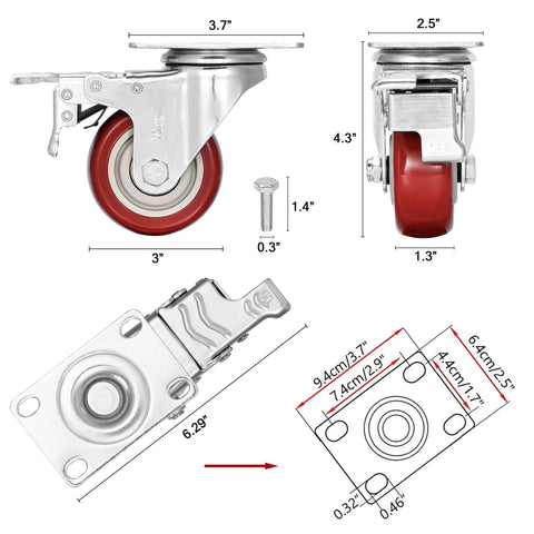 3 Inch Heavy Duty Casters Load 1500 Lbs Lockable Bearing Caster Wheels With Brakes, swivel design, metal frame, red rubber tires