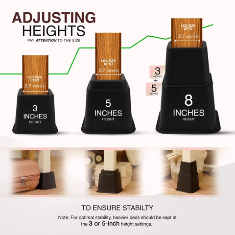 Stackable Bed Risers Set For Adjustable 3 Inch And 5 Inch Heights Up To 1,300 Lbs Capacity Total 8 Inch Lift Under Bed Storage Dorm Room Essential Heavy Duty Black 4 Pack shown stacked to different heights.
