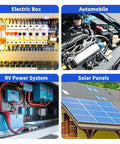 Collage of electric box, automobile engine, RV power system, and rooftop solar panels.