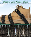 Close-up of a shoe with Heavy-Duty Lawn Aerator Shoes With Stainless Steel Shovel For Effortless Soil Aeration, spikes in soil