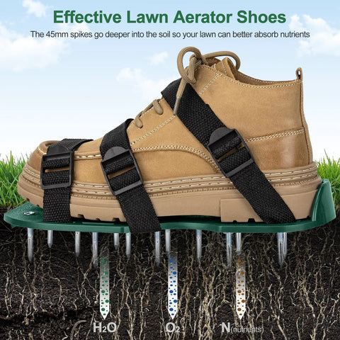 Close-up of a shoe with Heavy-Duty Lawn Aerator Shoes With Stainless Steel Shovel For Effortless Soil Aeration, spikes in soil