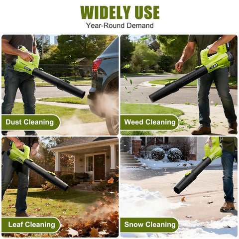 Person using Cordless Leaf Blower With Dual 4Ah Batteries And Charger for cleaning dust, leaves, weeds, and snow outdoors.