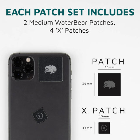 KUVRD WaterBear camera patch set; black patches with white logo, includes two 30mm patches and four 15mm X patches.