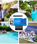 12V Portable Electric Water Transfer Pump With On Off Switch And Suction Hose Kit For Fast No Drama Water Moves In Boats, RVs And Farms, 330 GPH Flow, Three Quarter Inch Ports, 6 Ft Suction, 40 Ft Head, Low Suction Function shown with different uses in garden, car wash, pool, and aquarium