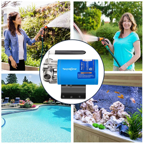 12V Portable Electric Water Transfer Pump With On Off Switch And Suction Hose Kit For Fast No Drama Water Moves In Boats, RVs And Farms, 330 GPH Flow, Three Quarter Inch Ports, 6 Ft Suction, 40 Ft Head, Low Suction Function shown with different uses in garden, car wash, pool, and aquarium
