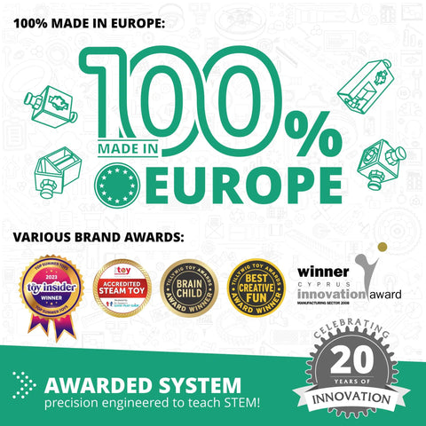 Image of 100% Made in Europe text, awards, and Hands On Engineering Kit For Kids 9 And Up Levers Linkages And Structures STEM Toys