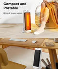 Powerful 1500W Ceramic Space Heater with wide oscillation shown in living room and office use, 17.7 inch tall, white.