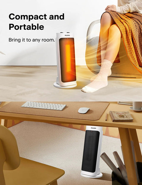 Powerful 1500W Ceramic Space Heater with wide oscillation shown in living room and office use, 17.7 inch tall, white.
