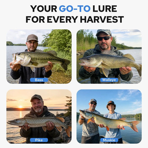 Anglers holding bass, walleye, pike, and muskie, showcasing effectiveness of Suspending Jerkbait Lures With Sound Flash And Beastly Action