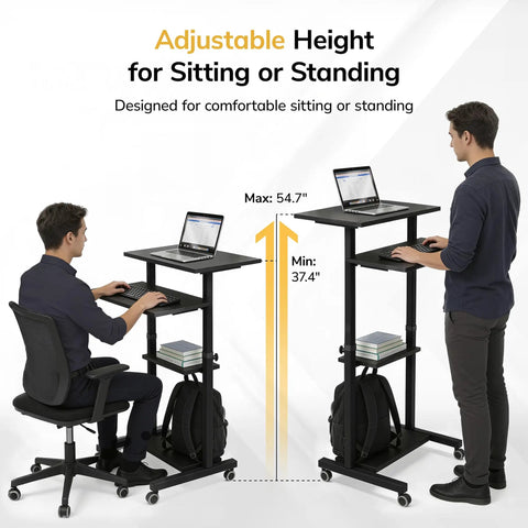 Black Rolling Standing Desk With Adjustable Height Up To 54.7 Inches showing sitting and standing positions in an office setup.
