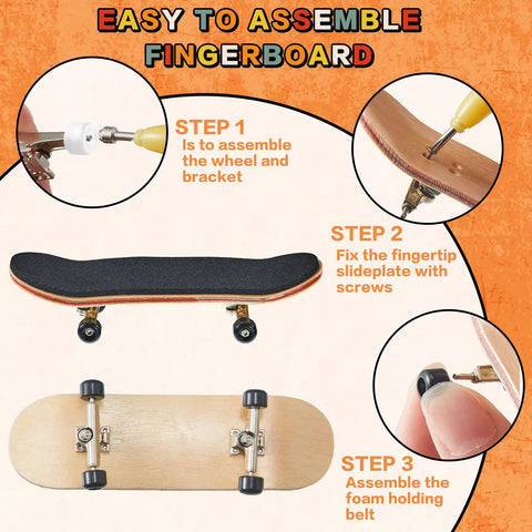 Instruction steps for Six Sets DIY Fingerboard Kit With 24 Wheels 12 Brackets 54 Screws 30 Nuts And 6 Screwdrivers For 96mm.