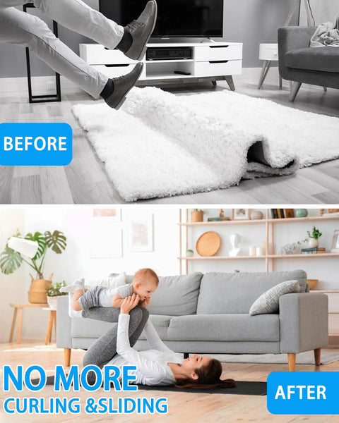 Before and after using Reusable Rug Grippers Set for hardwood floors, showing a rug without curling or slipping near a sofa.