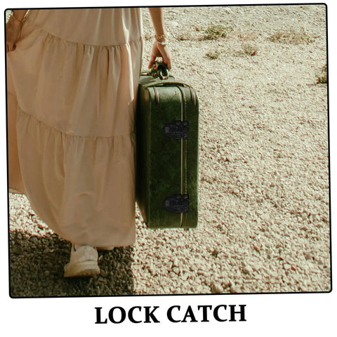 Person holding suitcase with Spring Toggle Latch For Wooden Boxes With Retro Duckbill Hasp Lock Hardware Kit visible