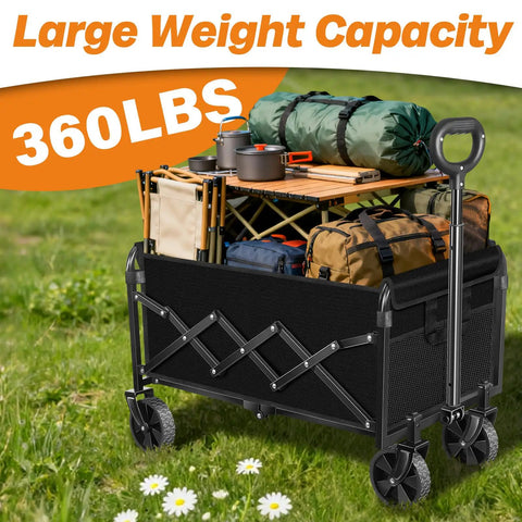 One Second Fold Collapsible Utility Wagon Cart with Wheels Portable 360 Pound Capacity Foldable Wagon loaded with camping gear