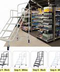 Dang Sturdy Six Step Rolling Ladder Easy Roll Mobility Non Slip Alloy Steel Climbing Platform For Warehouse Garage Library Shelving Heavy Duty Walking Rack White 880 Lb Weight, in a retail aisle.
