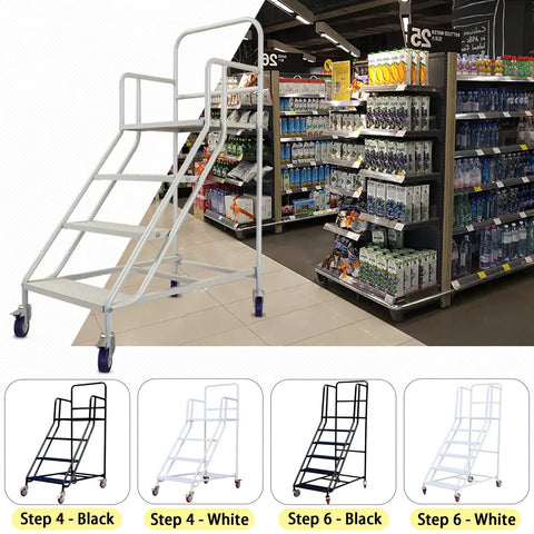 Dang Sturdy Six Step Rolling Ladder Easy Roll Mobility Non Slip Alloy Steel Climbing Platform For Warehouse Garage Library Shelving Heavy Duty Walking Rack White 880 Lb Weight, in a retail aisle.