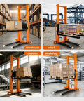Heavy Duty Electric Pallet Stacker With 1500 Lbs Load Capacity And 65 Inch Lift Height For Warehouse And Factory Use, shown in four work environments.