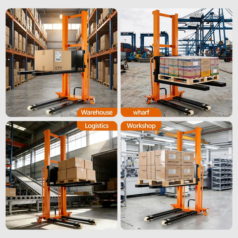 Heavy Duty Electric Pallet Stacker With 1500 Lbs Load Capacity And 65 Inch Lift Height For Warehouse And Factory Use, shown in four work environments.