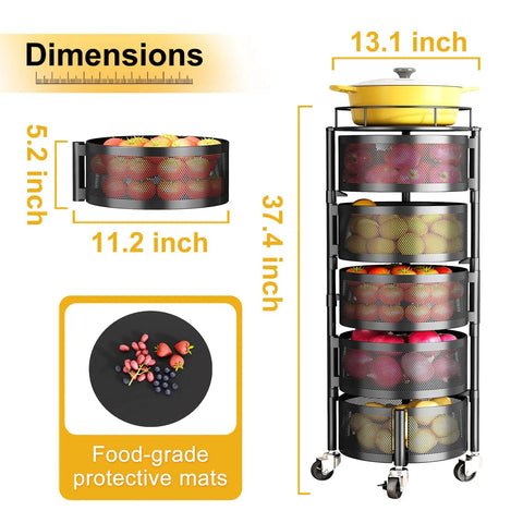 Large Black 5 Tier Rotating Fruit And Vegetable Storage Cart With Metal Top Lid On Wheels, dimensions and food-grade mats