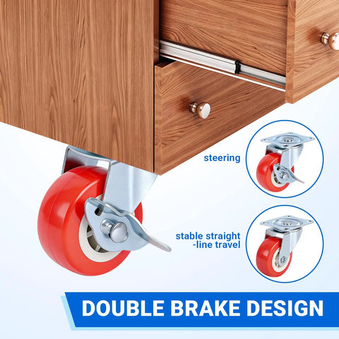 2.5 Inch Mixed Locking And Swivel Casters Set Of 4 With Side Brakes And PU Wheels On Steel Plate Brackets attached to drawer