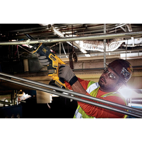 Worker using 20V Max XR Cordless Reciprocating Saw Brushless Compact Design With 2.5x More Runtime Variable Speed Pivoting Head LED Light And Tool Only Ideal For Tight Spaces And Long Run Cuts