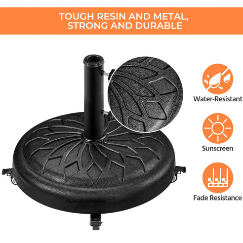 Heavy Duty Round Umbrella Base With 4 Lockable Rolling Wheels And 2 Knobs, 45 Lb Weatherproof Resin Iron Stand For 20 Inch Market Patio Umbrellas, Antiqued Outdoor Garden Yard Lawn Black showing detailed resin texture and durability icons.