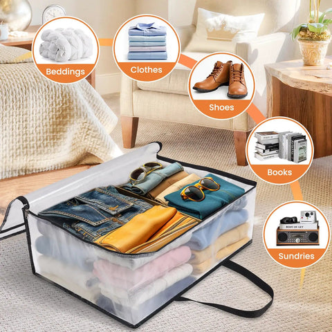 6 Pack Clear Storage Bags For Comforters, Clothes And Bedding With Zipper And Reinforced Handles, Easy Moving, Closet Organization And Under Bed Storage 40L Capacity showing clothes and shoes neatly stored inside in a bedroom setting.