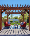Wooden pergola with heavy-duty steel brackets for 4x4 lumber, backyard setup with furniture, ideal for gazebos and garden sheds.
