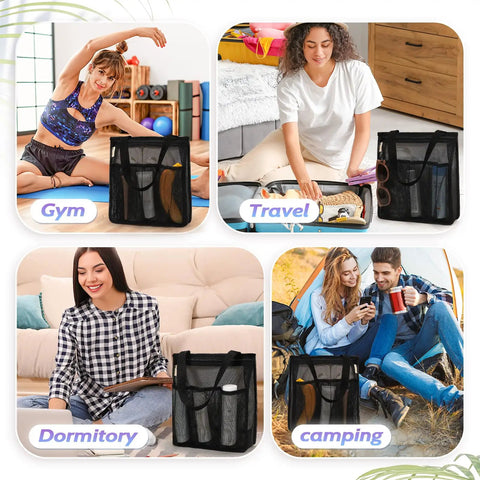 Portable Mesh Shower Caddy For Gym, Travel, Camp, And Dorm Life, Quick Dry Bathroom Organizer Bag With Side Pockets in black