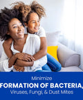 Mother and child smiling on sofa, text overlay: Minimize Formation of Bacteria, Viruses, Fungi, & Dust Mites