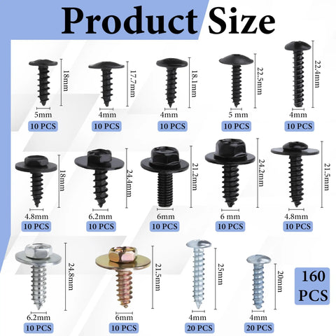 160 Piece Car Screw Kit With 14 Sizes Self Tapping Phillips Round Head Retainer Clips For Bumper Hood And Trim Auto Fasteners Set