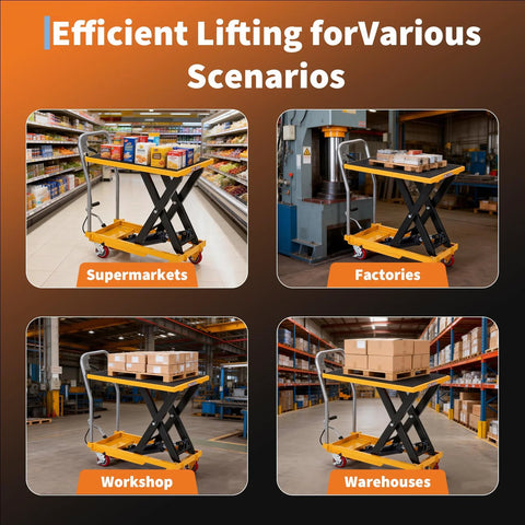 Hydraulic lift table cart with yellow platform and black scissor lift, four wheels.