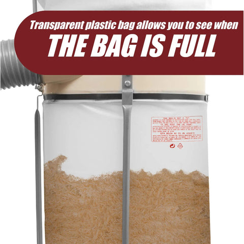 Clear Plastic Dust Collector Replacement Bags 5 Pack For Shop Pros, 20 Inch Diameter, attached to dust collector, full with debris