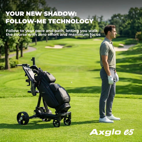 Badass Electric Golf Cart With Smart Follow Tech And Bluetooth Remote Control For Easy Fairway Gliding Compact Foldable Frame on course.