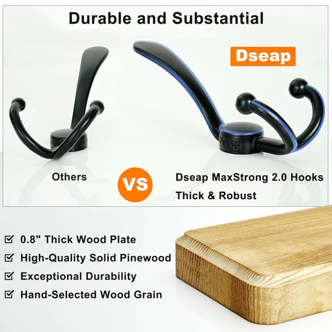 Comparative image of coat hooks, highlighting the Dseap MaxStrong 2.0 hooks on a thick pinewood plate.