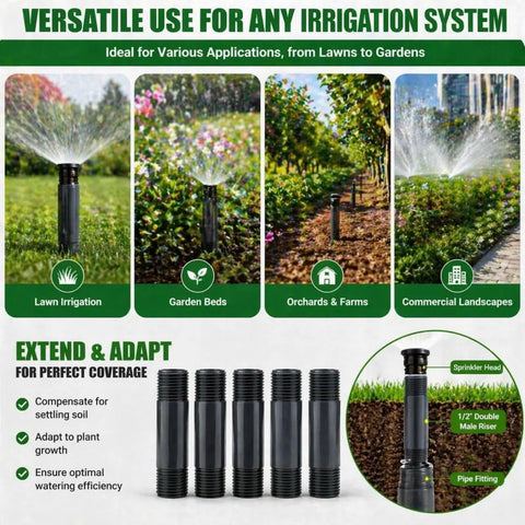 Five Pack Sprinkler Riser Extensions One Half Inch Male Pipe Thread Two Inch Length showcased in garden and lawn setup