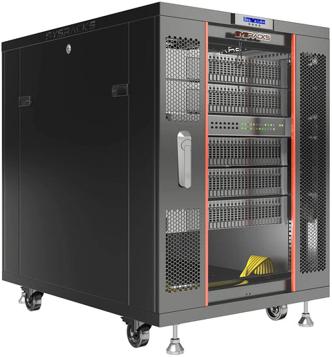 Tough As Nails 18U Server Rack Cabinet With Locking Doors 39 Inch Deep Heavy Duty Steel Build, side view with four turbo fans.