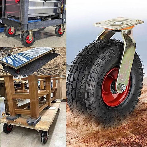 Heavy Duty Caster Wheels With Top Plate Swivel Brakes For Carts, Workbenches And Furniture, shown in different applications