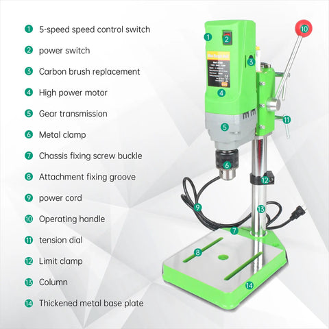 Workhorse Benchtop Drill Press With 710W 110V Power, 0-2800 RPM, 60mm Stroke, 1.5-13mm Quick Change Chuck on aluminum base