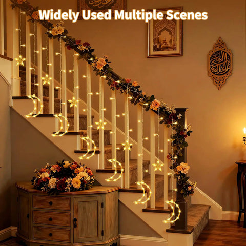 Interior view with Dazzle Bright Ramadan Curtain String Lights With 138 LEDs Warm White Star Moon Fairy Lights on staircase.