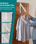 Over The Door Hanger Rack, Foldable Closet Organizer For Clothes And Towels, mounted on door with shirts hanging