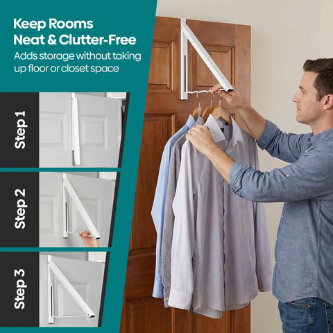 Over The Door Hanger Rack, Foldable Closet Organizer For Clothes And Towels, mounted on door with shirts hanging