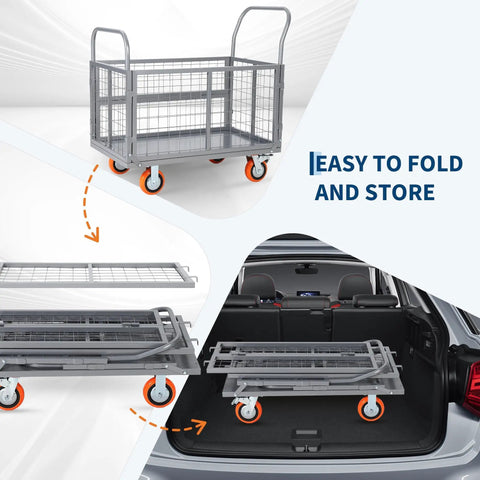Heavy-Duty 1800 Lb 6-In-1 Foldable Platform Cart With Cage showing folding process and storage in vehicle