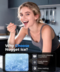 Woman enjoying chewable nugget ice with Chewable Nugget Ice Maker Countertop 44 Lbs Per Day Pebble Sonic Ice Machine in kitchen.