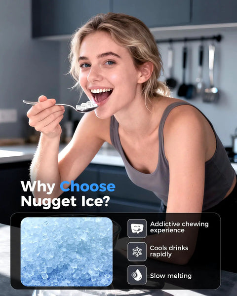 Woman enjoying chewable nugget ice with Chewable Nugget Ice Maker Countertop 44 Lbs Per Day Pebble Sonic Ice Machine in kitchen.