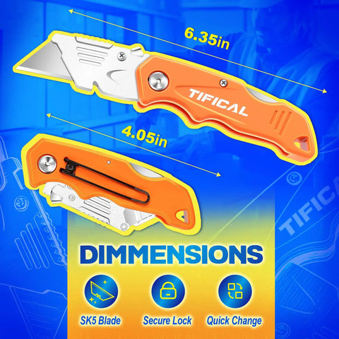 Pocket Ready Box Cutter With Clip, Quick Change Folding Utility Knife Set, shown open and closed with SK5 blades dimensions.