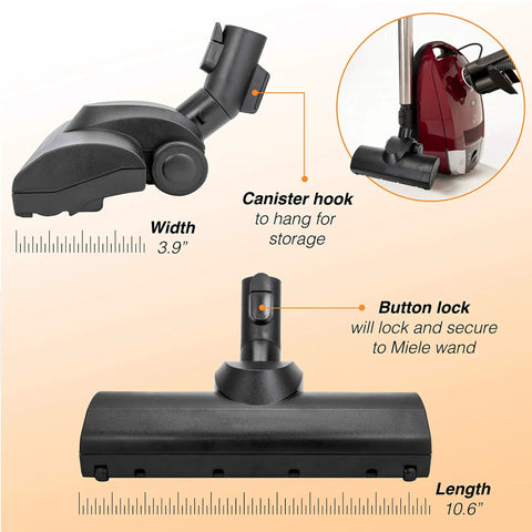 Turbo Head Cleaner Replacement Brush for 35mm 1.38in Vacuum Fittings with button lock and canister hook features shown