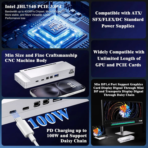 Mini Egpu Dock With Cnc Casing Compatible With Thunderbolt 3 4 Usb4 And Nvidia Amd Pcie External Graphics Card Enclosure Support Displayport 1.4 Pd 100W Charging Daisy Chain To Level Up Your Rig with Intel JHL7540 chip and USB ports.
