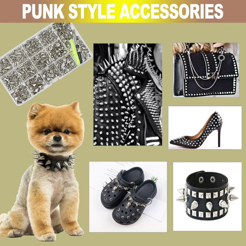 Dope Punk Studs And Spikes Kit Featuring 593 Heavy Duty Cone And Square Pyramid Studs Plus Awl Punch Set For Embellishing Denim Jackets And Leather Gear, showcasing spikes and accessories.